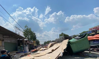 Hàng chục tấn ván ép lao xuống đường đè bẹp cabin xe đầu kéo