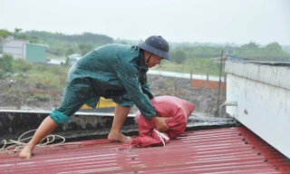 Dân quân tự vệ dầm mưa chằng chống nhà cửa chống bão