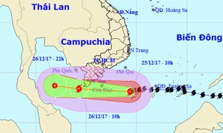 Vị trí và hướng di chuyển của bão Tembin. Ảnh: NCHMF.