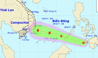 Vị trí và hướng di chuyển của áp thấp nhiệt đới. Ảnh: NCHMF.