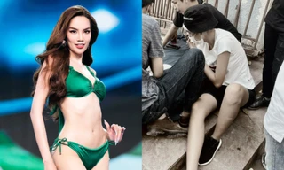 Hình ảnh Hoa hậu Lê Hoàng Phương ngồi bệt ở công trường xây dựng được chú ý