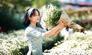 Xao xuyến ngắm thiếu nữ diện áo dài tạo dáng bên loài hoa báo đông