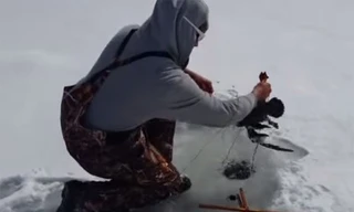 Fred kéo từ trong băng lên một con vịt - Ảnh cắt ra từ YouTube