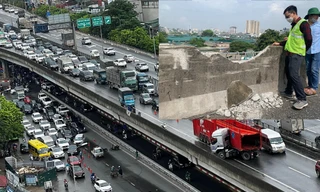 Xe đầu kéo mất lái, đâm vỡ lan can đường Vành đai 3 trên cao