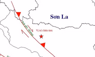 Vị trí tâm chấn động đất huyện Mường La, Sơn La lúc 19 giờ 14. (Nguồn: Viện Vật lý địa cầu)