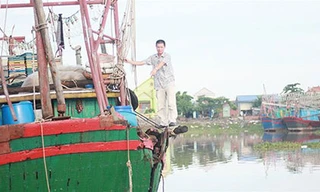 Tàu cá bị tàu mang số hiệu của Trung Quốc đâm thủng bên mạn trái và đuôi tàu đang neo chờ sửa chữa - Ảnh: Tiến Thắng