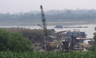 Nhiều tàu khai thác ngay sát vị trí đê đang sạt lở tại xã An Đạo (Phù Ninh) 