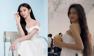 Á hậu Minh Kiên để lộ vật thể lạ trên trang phục trong hậu trường chụp ảnh