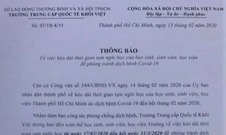 Một trường trung cấp ở TPHCM cho học sinh nghỉ hết tháng 3 