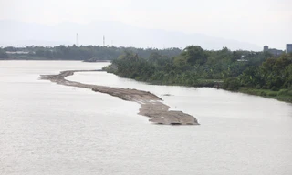 Công ty Bình Minh đắp đường giữa lòng sông Dinh để khai thác cát. Ảnh L.H