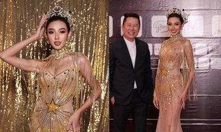 Thuỳ Tiên mặc váy dát vàng nóng bỏng, sánh vai chủ tịch dự chung kết Miss Grand Chiang Mai