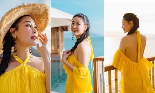 Hà Kiều Anh diện váy vàng rực khoe trọn lưng trần, đẹp như 'nữ thần' trên biển 