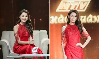 Á hậu Thuỳ Dung diện váy đỏ rực như đoá hồng kiều diễm dẫn chương trình chào năm mới