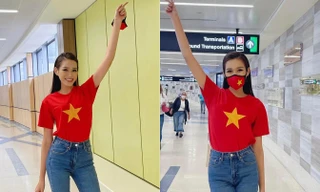 Đỗ Thị Hà diện áo cờ đỏ sao vàng nổi bật ở sân bay Mỹ, chuẩn bị nhập cuộc tại Miss World 