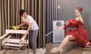 Đông Nhi bắt trend "nội trợ chanh xả", váy đầm xúng xính chỉ để dọn nhà vệ sinh