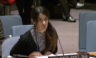 Nadia Murad Basee Taha phát biểu trước Hội đồng Bảo an Liên Hợp Quốc. Ảnh: UNTV