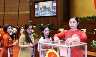 Các đại biểu Quốc hội bỏ phiếu miễn nhiệm Chủ tịch Quốc hội, Chủ tịch Hội đồng bầu cử quốc gia. Ảnh: TTXVN