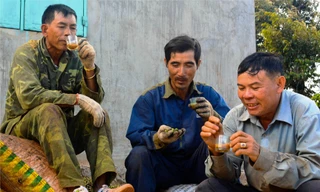 Những người nông dân tranh thủ uống cà phê lúc nghỉ giải lao.