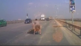 Hành động đẹp: Tài xế nhặt vật cản kích thước lớn trên cầu Thăng Long