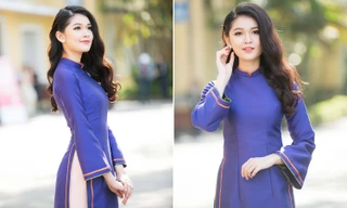 Á hậu Thuỳ Dung mặc áo dài tím Huế đẹp mộng mơ giao lưu với sinh viên