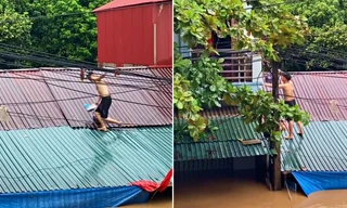 Thanh niên Yên Bái tháo vách, trèo mái nhà đưa thực phẩm cho hàng xóm chống lũ