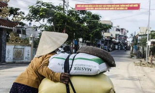 Một phụ nữ chở gạo vào xã Tịnh Kỳ 