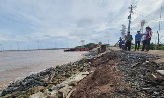 Tuyến đê biển Đông đoạn qua xã Vĩnh Trạch Đông, TP Bạc Liêu liên tục sạt lở những ngày qua Ảnh: Tân Lộc
