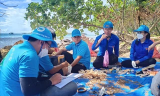 Các ĐVTN thu lượm và phân loại rác thải. Ảnh: Văn Chương