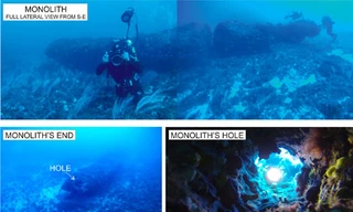 Khối đá bị vỡ đôi thành 2 phần riêng biệt (trên) và có 3 lỗ khoan (trái và phải, bên dưới).