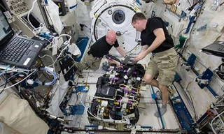 Phi hành gia Kelly (trái) và Watts (phải) đang loại bỏ carbon dioxide trong một thiết bị.