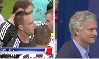 Nụ cười ngao ngán của HLV Mourinho khi Terry nhận thẻ đỏ.