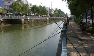 Cần câu bủa xuống lòng kênh Nhiêu Lộc-Thị Nghè vào chiều 22/1. Ảnh: Đình Phú.