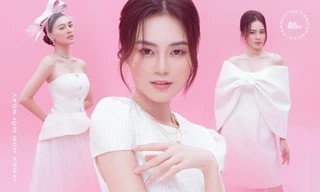 Với 2 tông màu trắng hồng, Lan Ngọc xinh đẹp dịu dàng trong các thiết kế kiểu dáng mới lạ