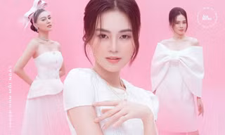Với 2 tông màu trắng hồng, Lan Ngọc xinh đẹp dịu dàng trong các thiết kế kiểu dáng mới lạ