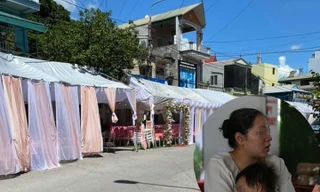 Chị Tuyết (ảnh nhỏ) cùng phông bạt tổ chức tiệc cưới theo đặt hàng của khách.