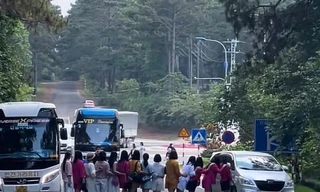 Nhóm du khách nữ chụp ảnh giữa đường, bất chấp các phương tiện giao thông di chuyển 