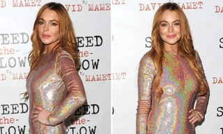 Lindsay Lohan 'chơi trội' diện váy lấp lánh đi họp báo