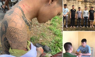 Nạn nhân (trái) và các đối tượng tại cơ quan công an.