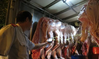 Cán bộ ATTP kiểm tra thông tin vòng truy xuất bằng điện thoại thông minh