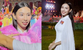 Hoa hậu Thùy Tiên đội mưa dự Lễ Khai mạc Tuần lễ Festival nghệ thuật Quốc tế Huế