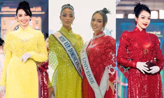Hết đụng đồ dạ hội, tân Hoa hậu Hoàn vũ lại mặc cùng mẫu áo dài với Thùy Tiên - Thanh Thủy