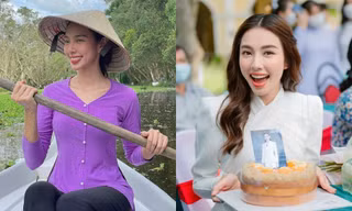 Hoa hậu Thùy Tiên mặc áo bà ba, được tặng bánh bông lan trứng muối khi đến An Giang