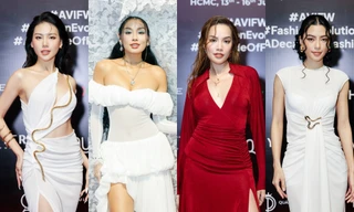 Á hậu Thảo Nhi Lê đội mũ khổng lồ tại thảm đỏ Tuần lễ Thời trang Quốc tế Việt Nam