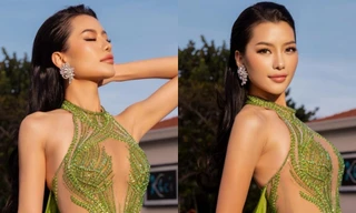 Á hậu Hoàng Thị Nhung diện váy dạ hội cầu kỳ khoe thân hình chuẩn đồng hồ cát