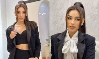 Hoa hậu Đỗ Thị Hà biến hóa phong cách với suit đen, tạo dáng "cool ngầu" ở thang máy