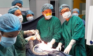 TS Phạm Duy Hiền cùng cộng sự của BV Nhi TW và chuyên gia người Nhật tiến hành ca phẫu thuật nội soi thoát vị bẹn cho bệnh nhân Trà