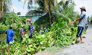 Người dân tham gia chiến dịch diệt lục bình hai tháng trước. Ảnh: Hoàng Nam.