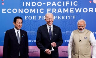 Lãnh đạo Nhật Bản, Mỹ và Ấn Độ tại lễ khởi động thảo luận về IPEF tại Tokyo ngày 23/5. (Ảnh: Reuters)