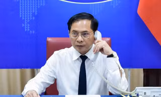 Bộ trưởng Bùi Thanh Sơn tại cuộc điện đàm. (Ảnh: Mofa)
