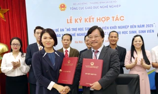 Tổng cục trưởng Tổng cục Giáo dục nghề nghiệp Nguyễn Hồng Minh (phải) ký kết hợp tác hỗ trợ sinh viên nghề khởi nghiệp cùng các doanh nghiệp.